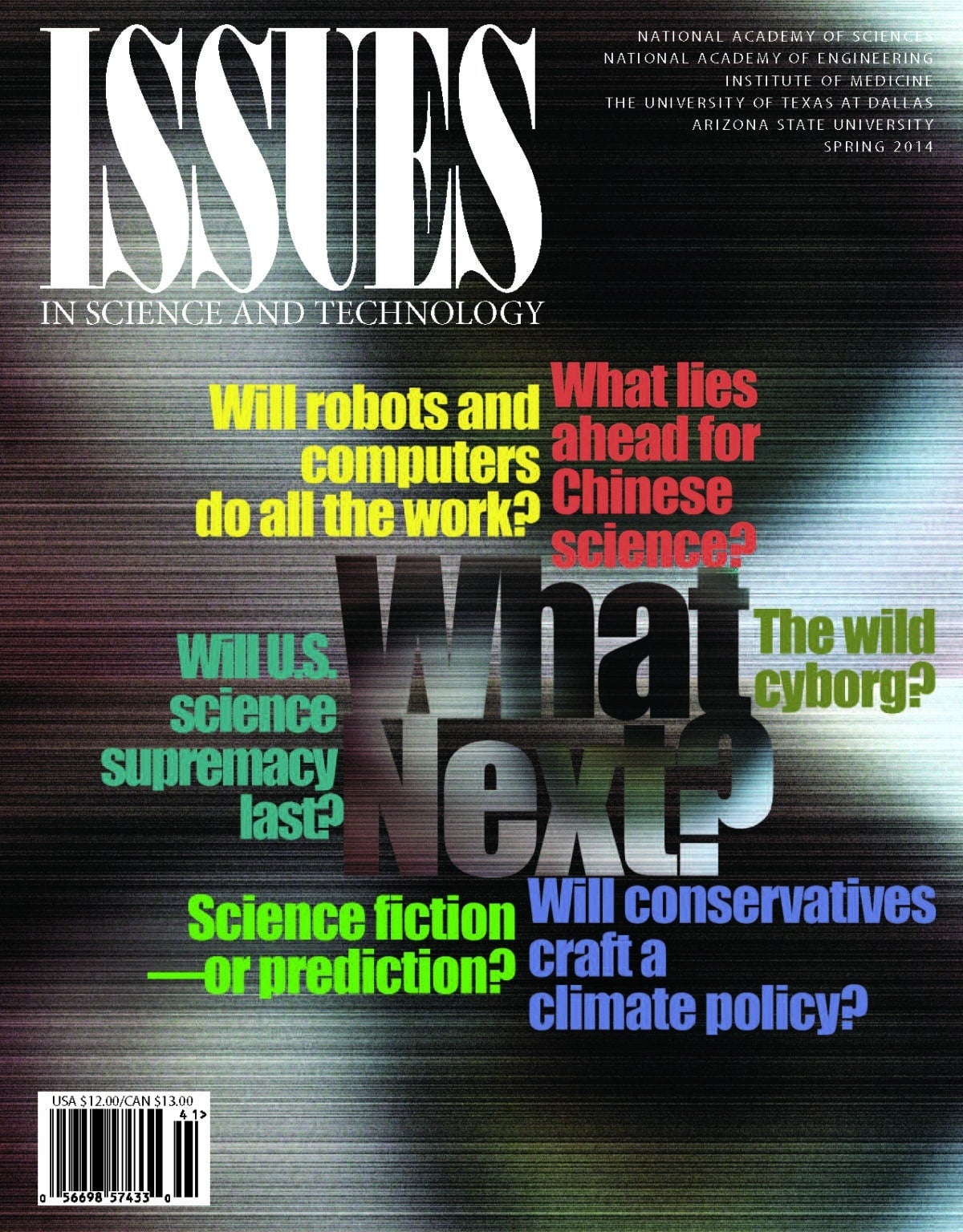 Issues Spring 2014 What Next front cover with colorful text questions
